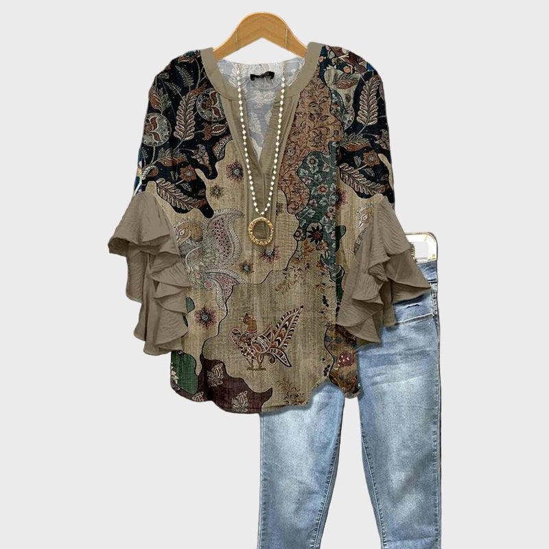 Barbora - Dámská halenka s bohatým vzorem a volánovými rukávy