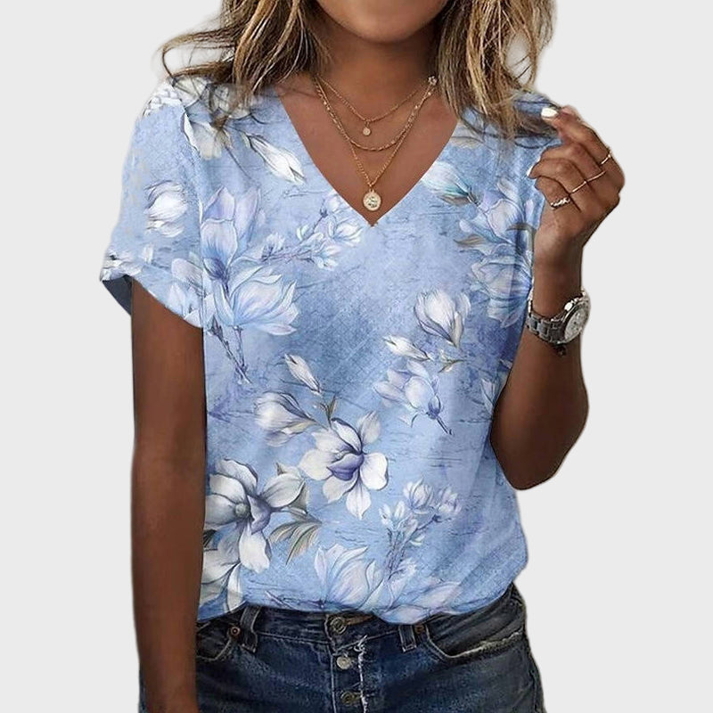 Anežka - Dámské květinové tričko s výstřihem do V