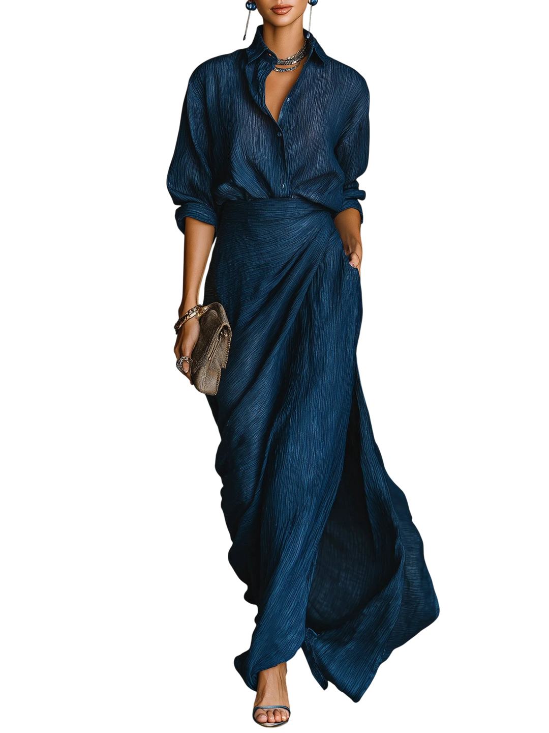 EZORA – Klasické tmavě modré splývavé maxi šaty